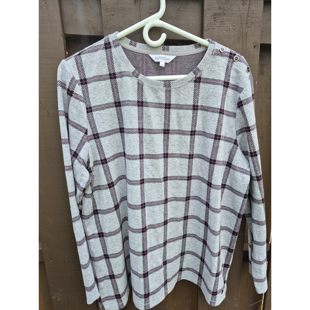 Northern Reflections Woman's Grey Plaid Crew Neck Sweater‎ Rayon Size XL EUC